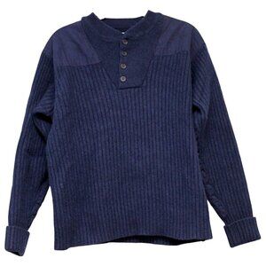 LL Bean Merino Lambswool Commando Sweater Size Large Military Elbow Patch Blue